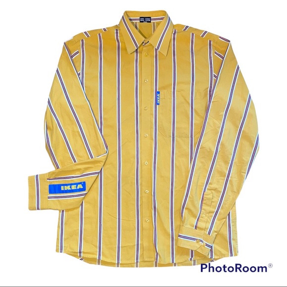 IKEA Employee Uniform Work Yellow Striped Button Dress Shirt Size Medium Large - Picture 10 of 11